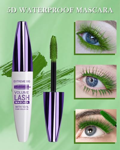 5D Waterproof Mascara Green for Eyelashes, Long Lasting Smudge-proof Telescopic Mascara with Brush, Volumizing Lengthening Curling Thick Eye Lashes,Cosplay Halloween Stage Eye Makeup for Women - Image 3