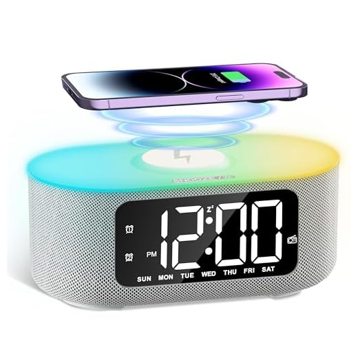 JALL Fabric Alarm Clock for Bedroom, with Big Led Screen Display, Bluetooth Stereo Sound Speaker, FM Radio, Fast Wireless Charging, USB Charging Port, Nightlight, White Noise, Ideal for Gift, Gray