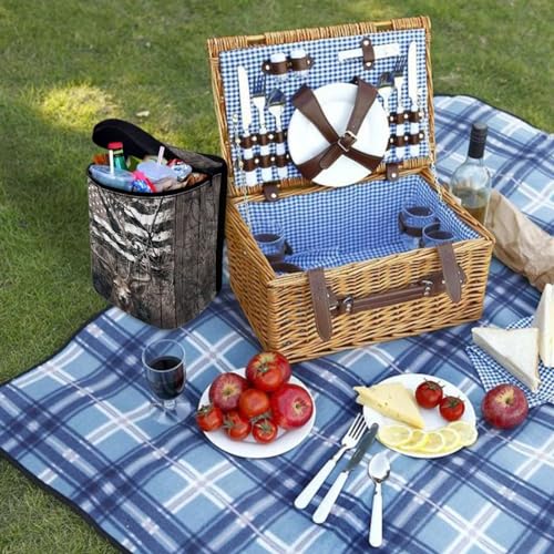 Image of Talayituse Deer American Flag Print Car Trash Can with Adjustable Straps, Foldable Car Trash Bag Bin Car Garbage Bag Multipurpose Storage Box for Vehicle Travel Camping Picnicing