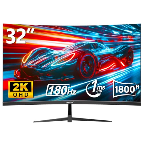 Gawfolk 32 pulgadas Gaming Monitor Curved 180Hz, 180Hz PC pantalla Full HD 1080P, sin marco 1800R pantalla de ordenador curvada con FreeSync y Tecnología Eye Care, soporta VESA