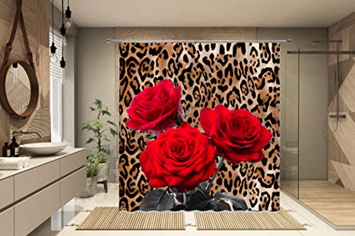 Leopard Print Shower Curtain Red Rose Cheetah Safari Wild Animal Print Powerful Cat Panthera Black Brown Fur Skin Pattern Romantic Flower Fashion Creative Decor Fabric Bathroom Curtain With Hook #TOP6