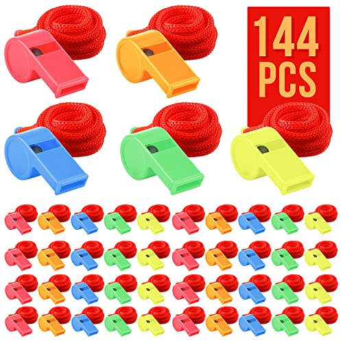 144Pcs Plastic Whistles, Loud Crisp Sound Whistle, Sports Whistle Bulk With Lanyard, Large Quantity Family Whistle For Sports Or Compitition, Plastic Whistles Party Favors, 5 Colors #TOP1