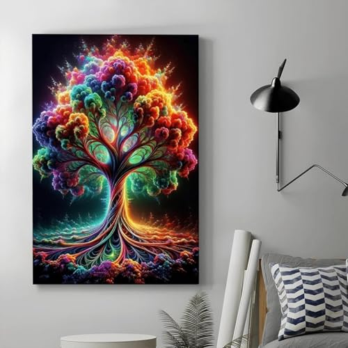 Grande décoration murale arbre coloré sous cadre de salon 50 x 70 cm