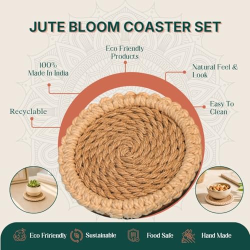 Image of Jute Bloom Coaster Set of 4 | 4x4 Inch Round Natural Beige Jute Coasters with Sea Shell Boho Design | Tea Coffee Mug Glass Cup Coasters for Dining Table & Hot Pots, Kitchen & Home Decor