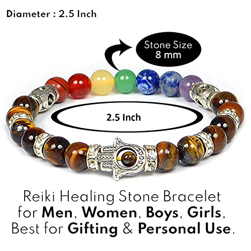 Image of Reiki Crystal Products Certified Natural Crystal Stone 7 Chakra with Hamsa 8 mm Round Beads Bracelet for Men & Women | Reiki Charged Gemstone Bracelet | Multiple Stone Variants Available