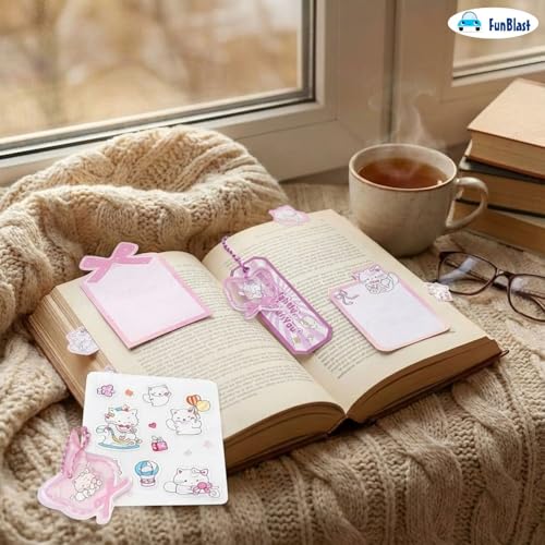 Image of FunBlast Cute Cat Sticky Notes - Cat Memo Pad, Kawaii Sticky Note for Kids & Girls, Self Adhesive Notes and Bookmark, Stationery Gift for School, Office & Personal Use (Pink)