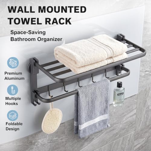 Image of Story@Home 24 Inches No Drill Towel Holder in Bathroom | Self Adhesive Towel Rod for Bathroom with Hooks | Foldable 90 Suction Cup Bathroom Aluminium Finish Towel Rack - No Drill Towel Stand - Black