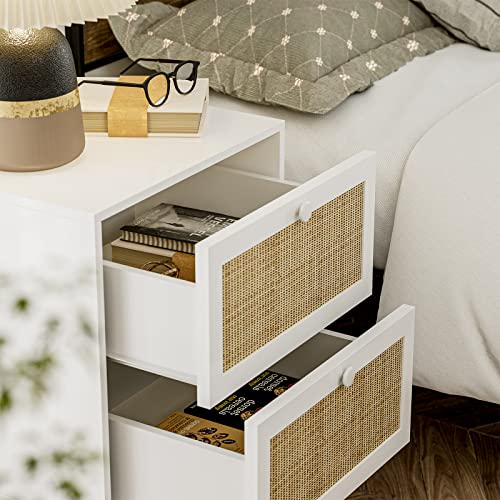 Ikifly Rattan Nightstand Set Of 2, Farmhouse Boho End Side Table With 2 Handmade Rattan Drawers, Wood Accent Bedside Table With Storage For Bedroom, Living Room - White #TOP4