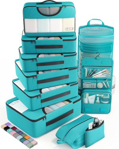 Veken 10 Set Packing Cubes for Kids & Toddler, Airplane Travel Essentials, Beach Vacation & Road Trip Suitcase Organizer Bags Set for Luggage, with Hanging Toiletry & Shoe Bag