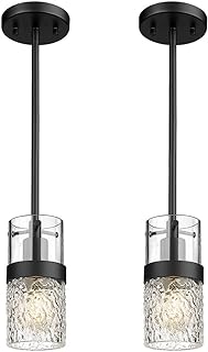 LMS Glass Pendant Lights Kitchen Island 2-Pack, Modern Black Pendant Light Set of 2 with Hammered Glass and Rods, Mini Hanging Lighting for Kitchen Island, Bathroom, Bedroom, LMS-201