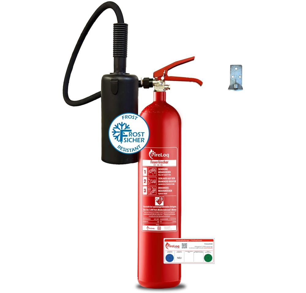 5kg Co2 Kohlendioxid im Stahl Behälter Dauerdruck Feuerlöscher für elektrische Anlagen und EDV 89B 5 LE Dauerdruck inkl. Prüfnachweis, Wandhalter