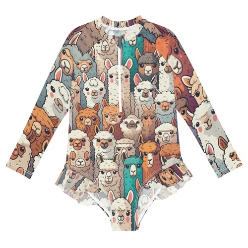 Girls One Piece Swimsuits Long Sleeve Swimsuit Zipper Bathing Suits Alpaca Sheep Cute Animal - Main Image