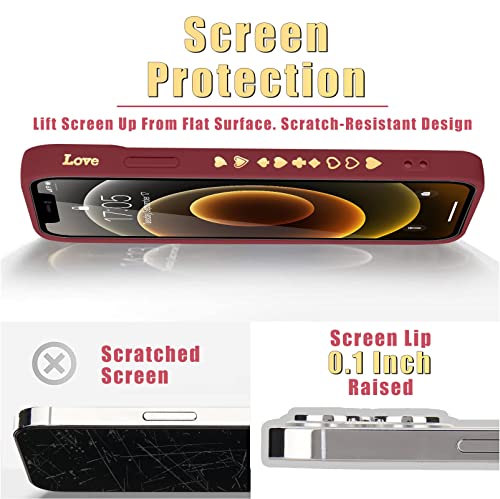 Teageo Compatible With Iphone 12 Case 6.1 Inch For Women Girls, Cute Luxury Love Heart [Soft Anti-Scratch Full Camera Lens Protection] Silicone Girly Shockproof Phone Case For Iphone 12-Burgundy #TOP5