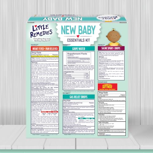 Image of Little Remedies New Baby Essentials Kit with Saline Nasal Spray, Diaper Rash Cream, Gas Relief Drops, Gripe Water & More, Safe for Newborns, Multi-Color