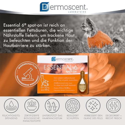 Dermoscent Essential 6 Spot-On | 4 x 0,6 ml | Für kleine Hunde, Katzen und Kleintiere | Kann zur Linderung von Juckreiz beitragen | Mit Vitamin E | Mühelose Anwendung