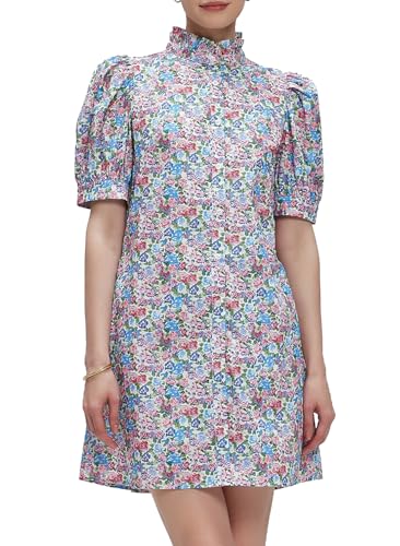 Image of Ladyful Women's Summer Floral Shift Short Sleeve Button Front Mini Dress | puff sleeve, ruffle stand neck, boho style, beach vocation, 100% cotton, loose fit, shirt sundress