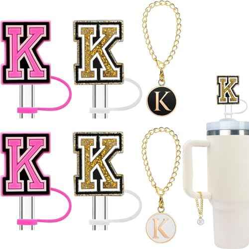 Haundry 4-Pack Straw Cover for Stanley Tumbler, Reusable 10mm Straw Cap Topper with 2 Pcs Initial Letter Charm Accessories for Stanley Cup with Handle, Pink Gold K