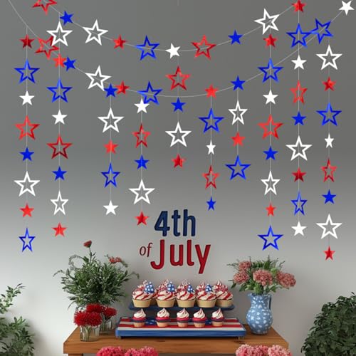 Image of Patriotic Star Streamers Banner Garland Glitter for 4th of July BBQ Memorial Day 250th Anniversary Party Glossy Independence Day Celebration Labor Day Decorations Red White Blue 1 Strand 157.5In