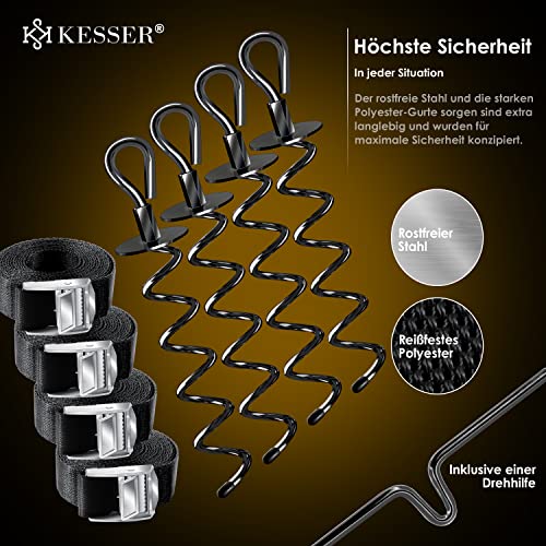 KESSER® 4 Bodenanker Erdanker 9-teiliges Set Befestigung für Trampolin, Schaukel, Pavillon, Partyzelt, Gartenhaus, Schaukel, Zelt, aus 1cm Ø Edelstahl Zum Eindrehen, + 4 Gurte + Drehhilfe