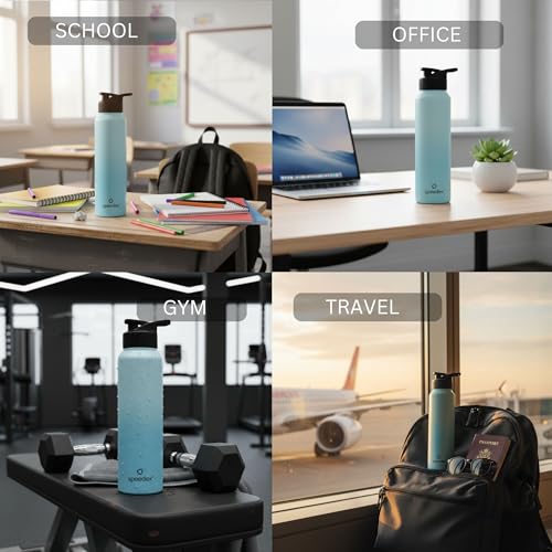 Image of Speedex Stainless Steel Metal Water Bottle 1 Ltr 1000 ml, BIS Approved, Leak Proof Sipper Cap Bottle for Office, School, Gym, Travel, Daily Use for Men, Women, Kids, Adults, Dual Blue, Set of 4