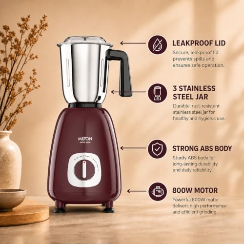 Image of Milton Artis Mixer Grinder, ISI Certified, Grindstone Blade Technology, 3 Jar, 800 W (22000 RPM), 5 yr motor warranty, 2 yr product warranty I Wine