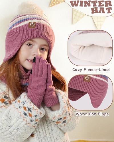 Image of Kids Winter Hat Gloves Scarf Set,Beanies with Earflap Pompom Neck Warmer Touchscreen Gloves Fleece Lined for Boys Girls 4-10Y