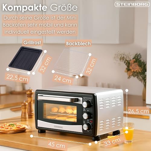 Miniatura 2 de Steinborg Mini Horno Con Convección De 20 Litros, Horno Para Pizza, Bandeja Recogemigas, Convección, Calor Superior E Inferior, 1.400 W, Minihorno Con Temporizador, Pequeño Horno Para Acampada O