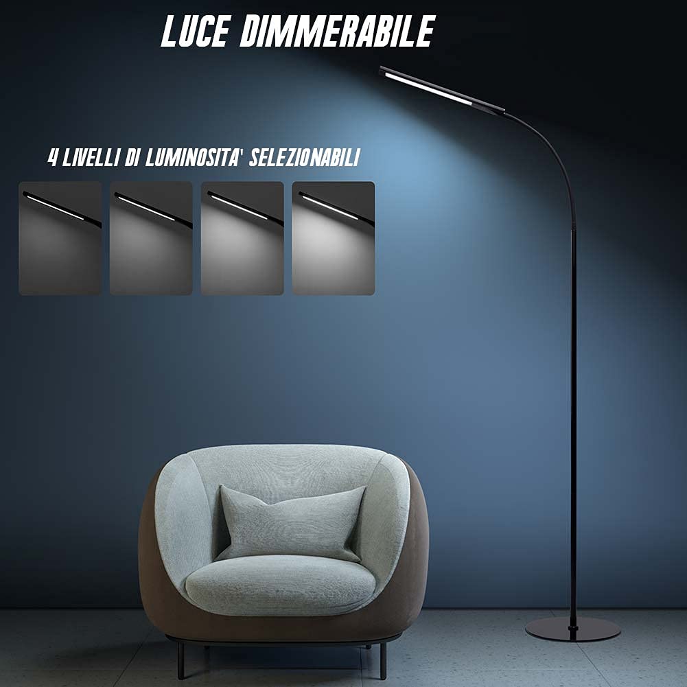 BAKAJI Lampada Piantana da terra a LED ad Alta Luminosità 7W 400 Lumen Luce Bianco 5500K Dimmerabile Luminosità 4 Livelli Accensione Gestione Touch Design Moderno 165cm in Metallo (Nero)