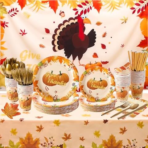 219PCS Thanksgiving Party Supplies Decorations, 24 Guests Thanksgiving Plates and Napkins Sets with Tablecloth Backgrounp Dinnerware Sets Thanksgiving Party Supplies Disposable Set Cover