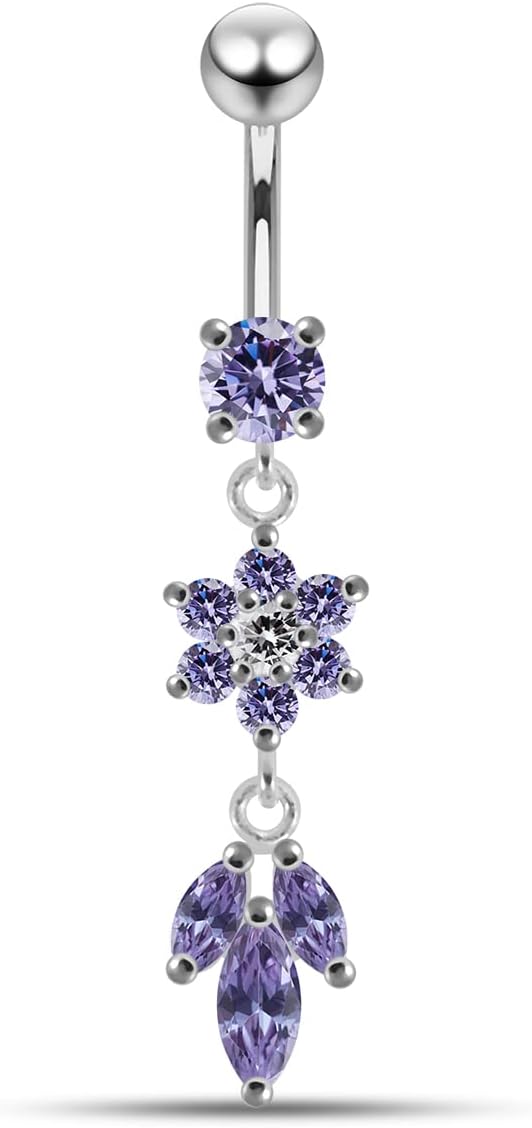 Stylish Round with Flower and Leaf Dangling Design 925 Sterling Silver with Stainless Steel Belly Ring - Belly Button jewelry - Navel jewelry