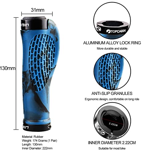TOPCABIN Ergonomic Bike Grips - Widen Holding Rubber Grips with Aluminum LockGrips for Mountain & Road Bikes (Blue, 1 Pair)