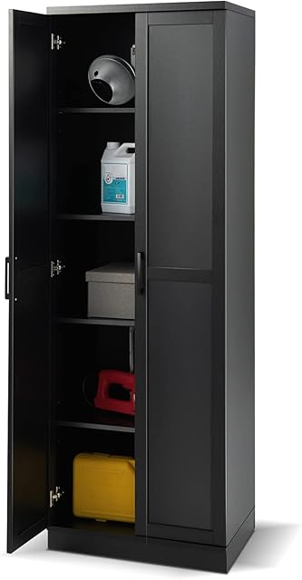 CASART Storage Cabinet, Freestanding Tall Cupboard with Adjustable Shelves & Doors, Wooden Floor Sideboard Hallway Organizer for Living Room Kitchen Entryway Bedroom (Black)