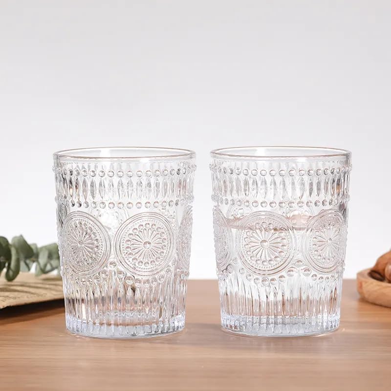 Image of Whiskey Glasses Set of 6 pcs- 300 ml Bar Glass for Drinking Bourbon, Whisky, Scotch, Cocktails, Cognac- Old Fashioned Cocktail Tumblers (4, Embossed)