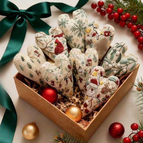Fusionara New Embroidery Christmas Ornament Kits DIY Heart Shaped Hand Embroidered Christmas Ornament Heart Shaped Embroidered Christmas Ornaments Winter Pattern Embroidery Decoration (8 Set)