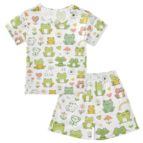 ALAZA Cute Frog Heart Blossom Pajamas Set Short Sleeve Cotton Sleepwear Summer Pjs 2 Piece 5-14Y