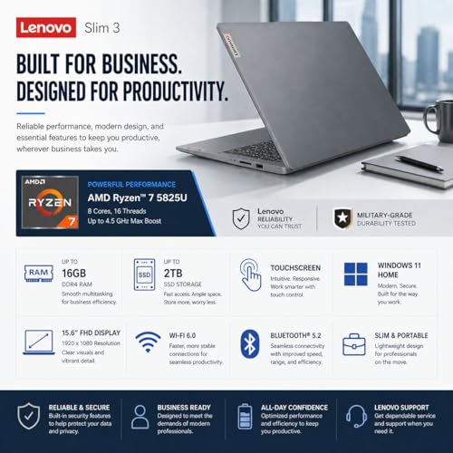 Image of Lenovo Slim 3 15.6 inch FHD Touchscreen Business Laptop for Work or Home, AMD Ryzen 7 5825U(Beats i7-1355U), 16GB RAM, 1TB PCIe SSD, Wi-Fi 6, SD Card Reader, Windows 11 Home, WOWPC USB, no Mouse