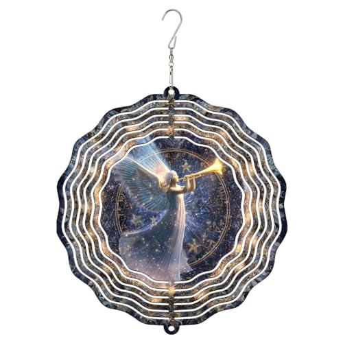 Molinillo de viento de ángel, elegante trompeta de Navidad, estrellas, Navidad, metal, cinético, esculturas de viento al aire libre, adornos para jardín, porche, balcón, pasillos, decoración de 12