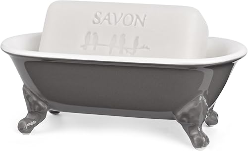 Miniatura 27 de Jabonera decorativa de cerámica en miniatura con forma de bañera con patas de garra de 6.5 pulgadas, soporte para esponja de cocina y bandeja de