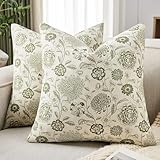 YZJZEDS 100% Cotton Botanical Throw Pillow Covers Set of 2, 18x18 Inch Moss, Farmhouse Double-Sided Floral Print Decorative Cushion Covers Pillow Cases Boho Home Decor