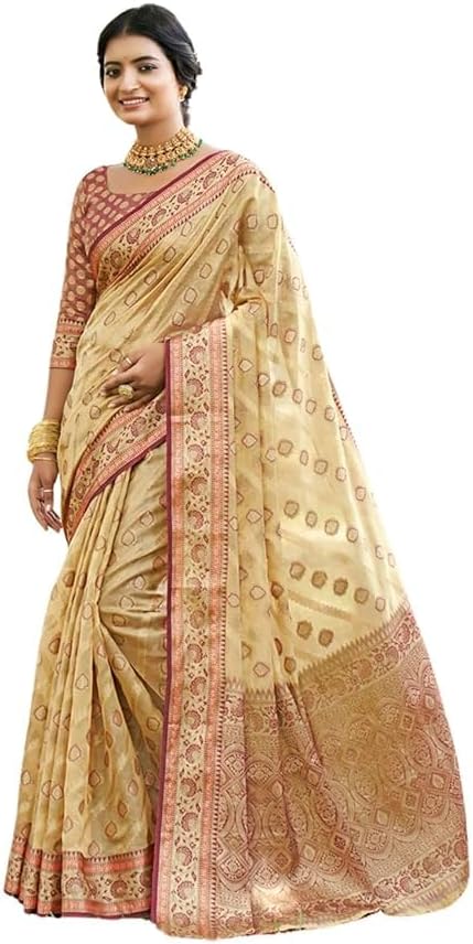 Women's Organza Kanjivaram Pure Soft Silk Handloom Saree Pure Golden Zari With Blouse Piece