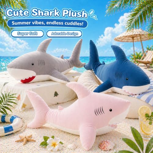 Image of MorisMos 39inch Giant Shark Stuffed Animal, Large Stuffed Shark Plush Toys Pillow Gift for Kids Girlfriend, Blue