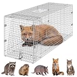 VEVOR Live Animal Cage Trap, 42' x 16' x 18' Humane Cat Trap Galvanized Iron, Folding Animal Trap Cage with Handle for Stray Dogs, Armadillos, Raccoons, Foxes