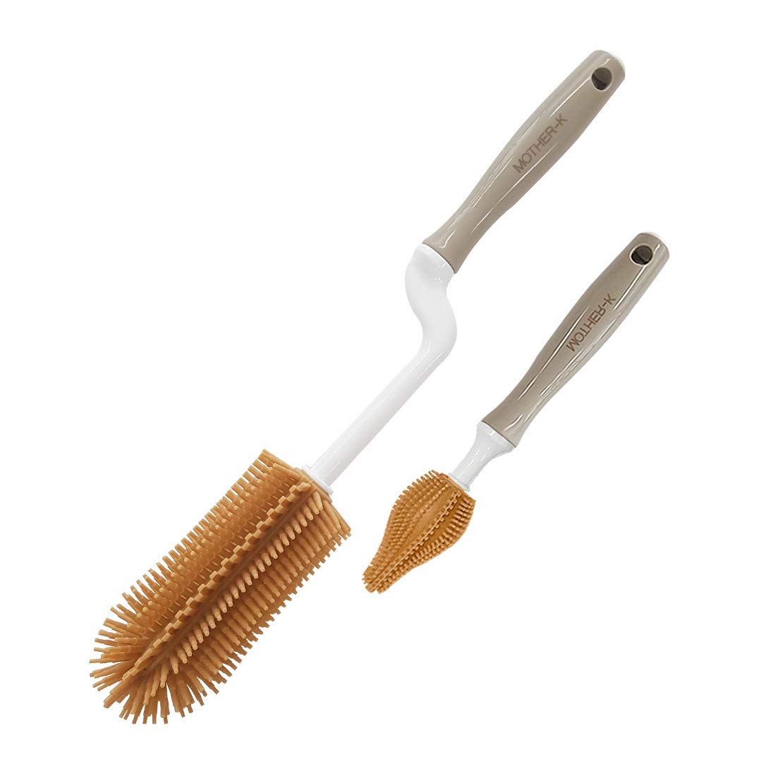 Mother-K Rotating Silicone Bottle Brush 2 Kinds of Sets, Silicone Bottle Cleaning Brush Water Bottle Cleaner for Washing Baby Bottles, Sports Bottle, Vase, and Glassware (Coconut)