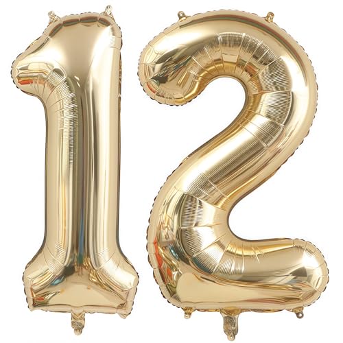 Image of Champagne Gold 12 Balloon Number,40 Inch Light Gold 12 Balloons Big Foil Mylar Helium Number 12 Balloon for Birthday Party Anniversary Decorations