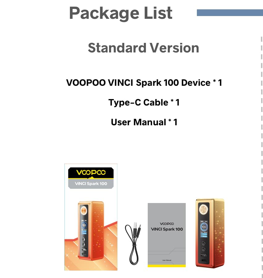 VooPoo Vinci Spark 100 Mod 18650 Battery (sold separately) 5-100W Output  Fast Charge 510 Connection No Nicotine (Black) : Amazon.co.uk: Electronics  & Photo