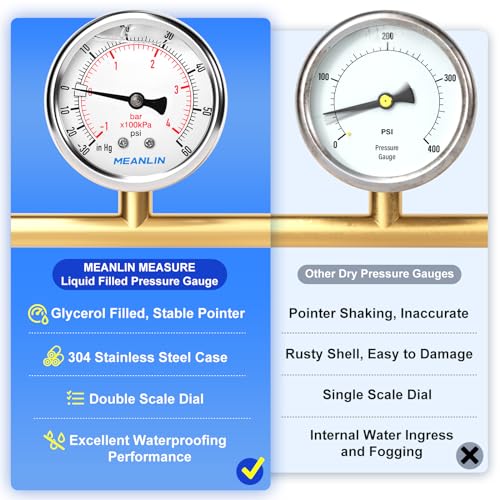 Image of MEANLIN MEASURE -30inHG~60Psi Vacuum Pressure Gauge 1 /4 inch NPT 2.5 inch FACE DIAL, Stainless Steel Liquid Filled Pressure Gauge WOG Water Oil Air Center Back Mount