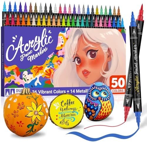 Acrylic Paint Pens Acrylic Markers for Rocks Painting, 50 Colors Acrylic Paint Pens with Fine Tip and Brush Tip for Wood Craft, Rock, Easter Egg, Stone, Fabric, Plastic, Canvas for Kids and Adults