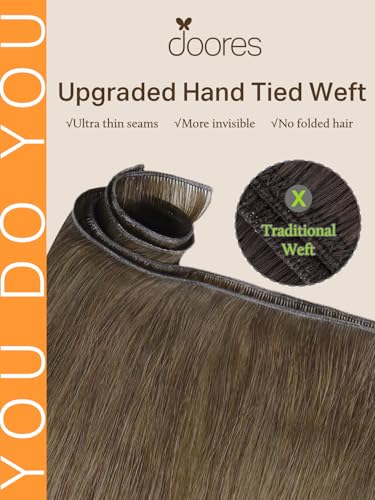 Image of DOORES Genius Sew in Weft Real Hair Extensions, 20 Inch Balayage Walnut Brown to Ash Brown and Bleach Blonde 60g, Straight Sew in Hair Extensions