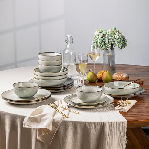 Image of GBHOME Dinnerware Sets for 6, 24 Pieces Stoneware Plates and Bowls Set with Reactive Glaze, Scratch Resistant Stoneware Dishes Set, Dishwasher & Microwave Safe