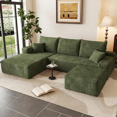 Image of 95 inch Cloud Sectional Couch with Ottoman,Modern U-Shaped Cloud Couch with Deep Seat,Comfy Corduroy Sofa,Memory Foam Sofa for Living Room,No Assembly (Green,Left-Facing Chaise)